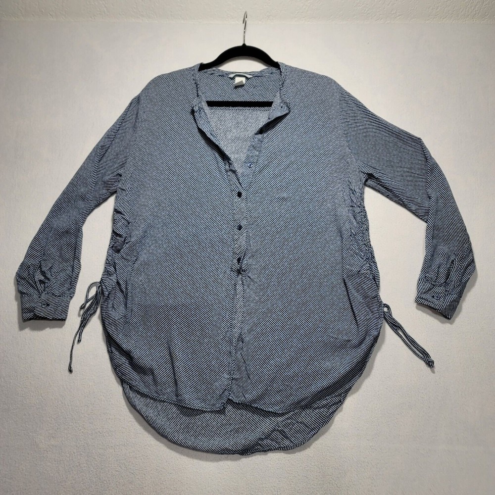 J. Jill Women’s Size Large Stripe Button Down Tunic Blouse Shirt Adj Side Ties
